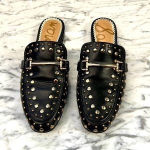 Sam Edelman black loafers with gold studs, size 5